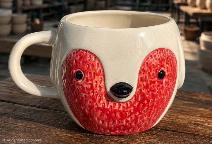 Cream ceramic mug with a textured red animal face and black nose