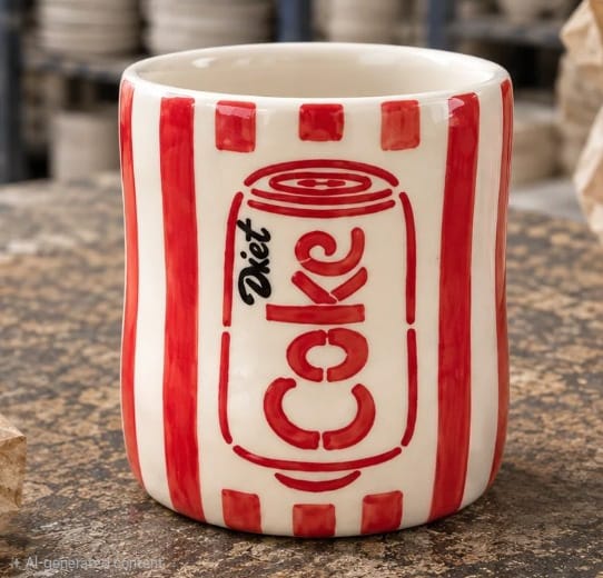 Cream ceramic mug with red stripes and a hand painted cola can design
