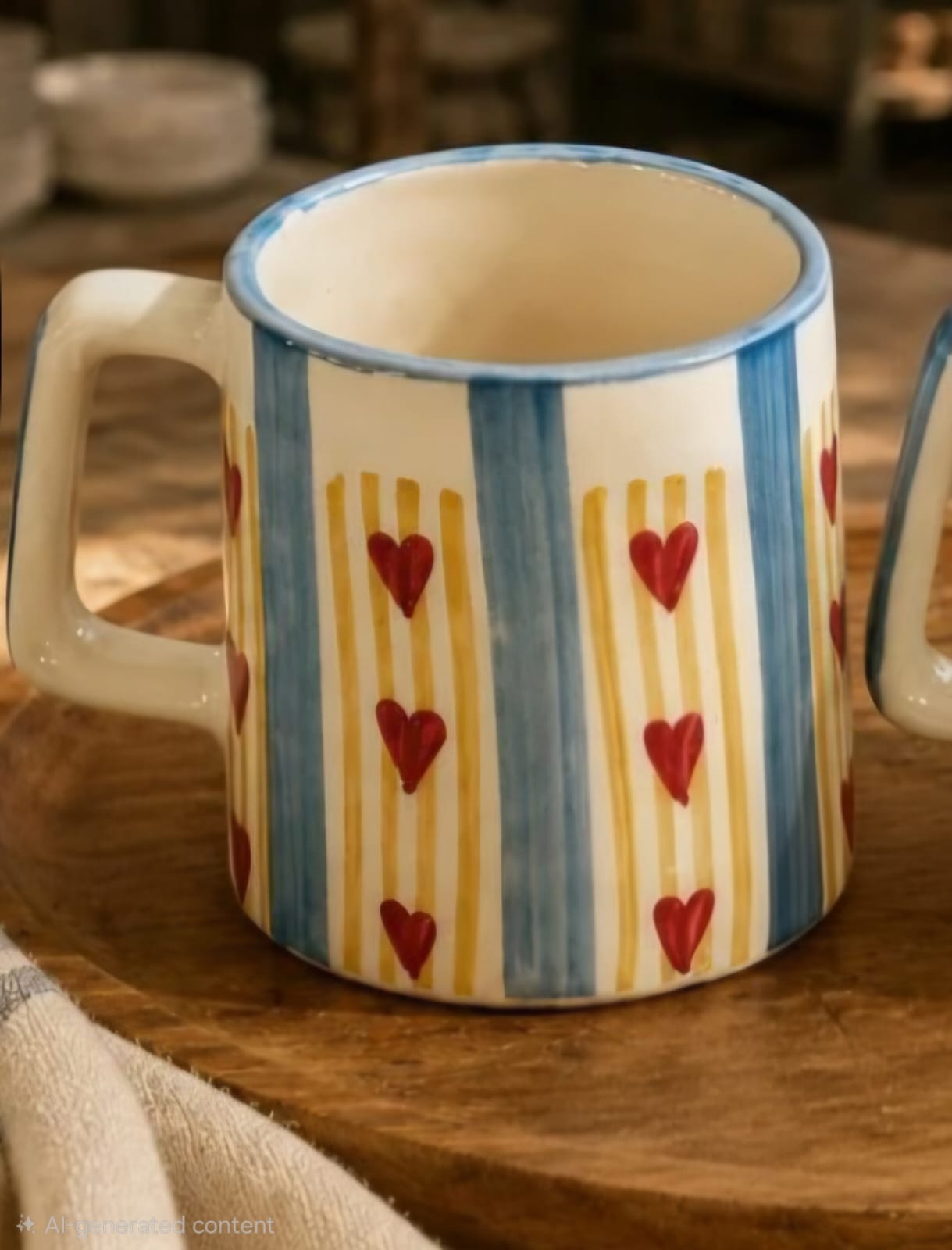 Cream mug with blue and yellow stripes and painted red hearts