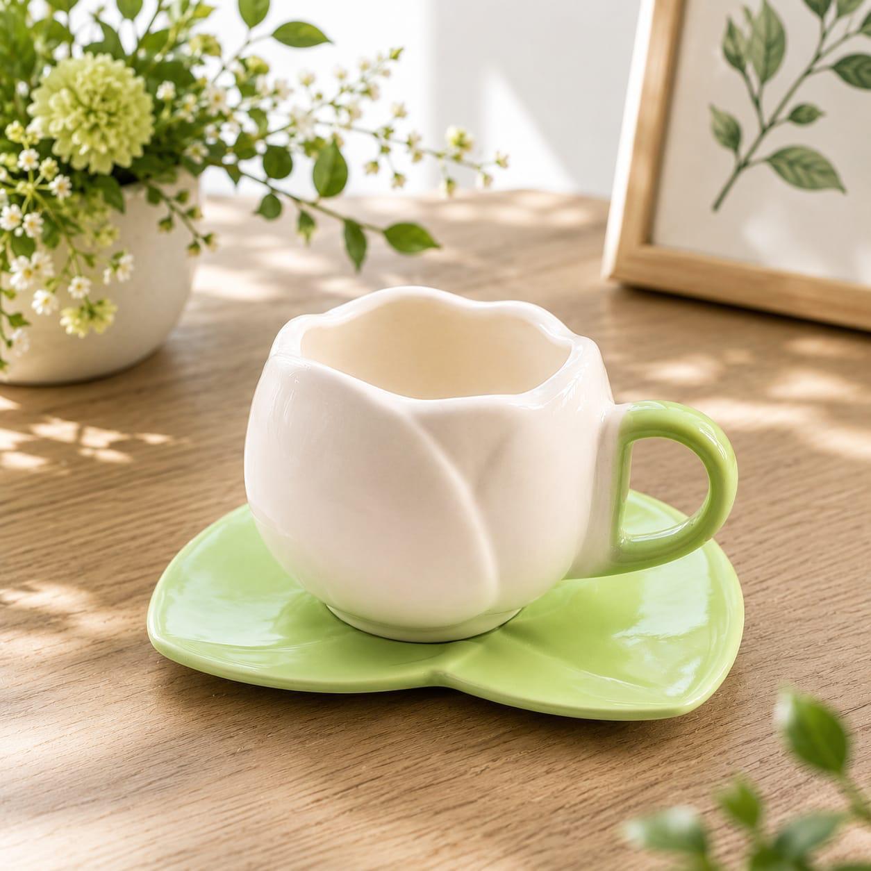 Ivory flower shaped cup and green leaf saucer