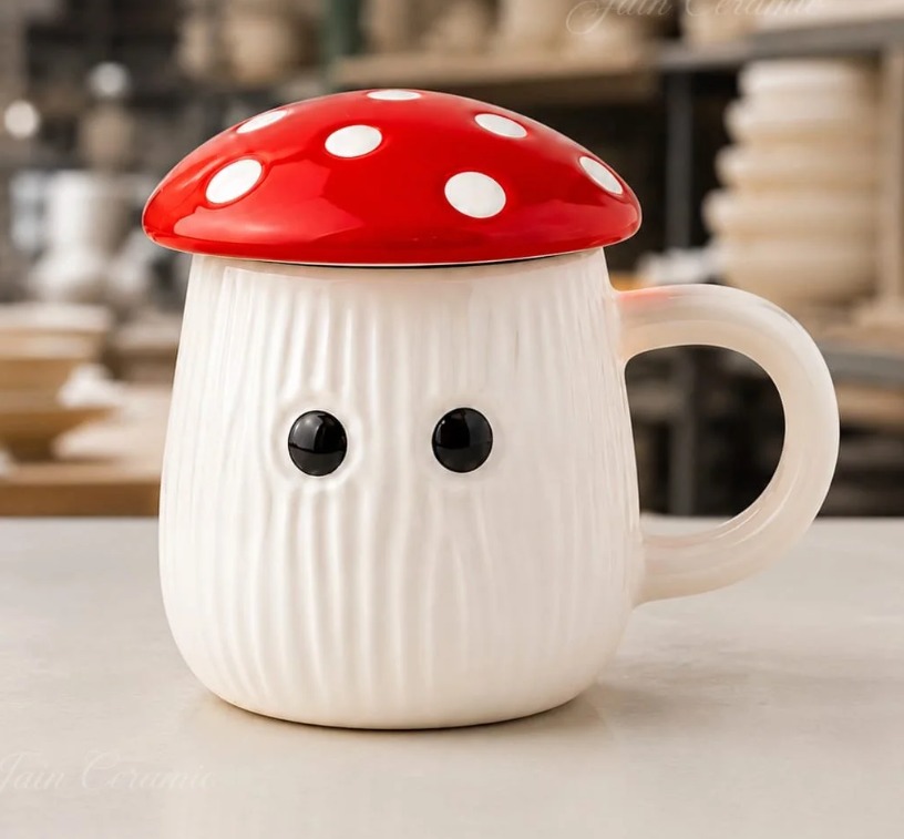 White ceramic mushroom cup with a red spotted lid and a smiling face