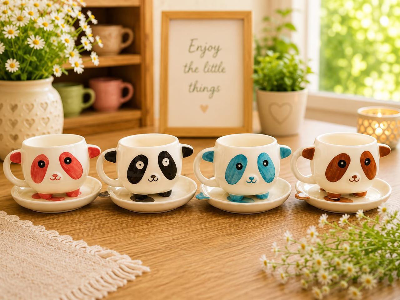 Four playful animal face cups in different colors