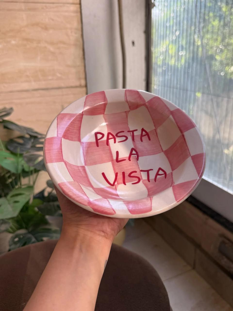 Pink checkered pasta bowl with hand painted lettering