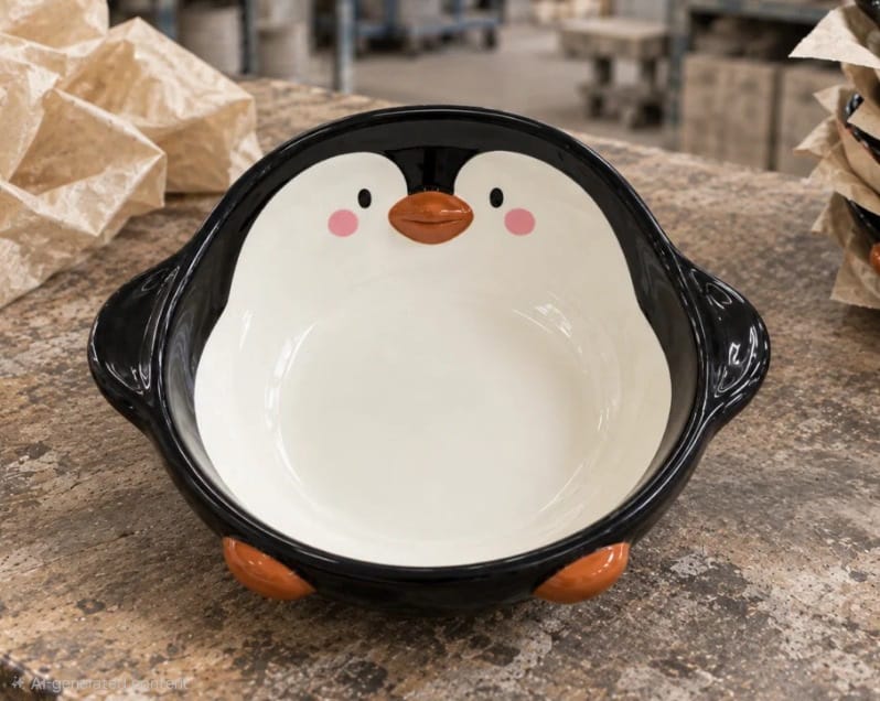 Black and white penguin shaped bowl with a smiling face and orange feet
