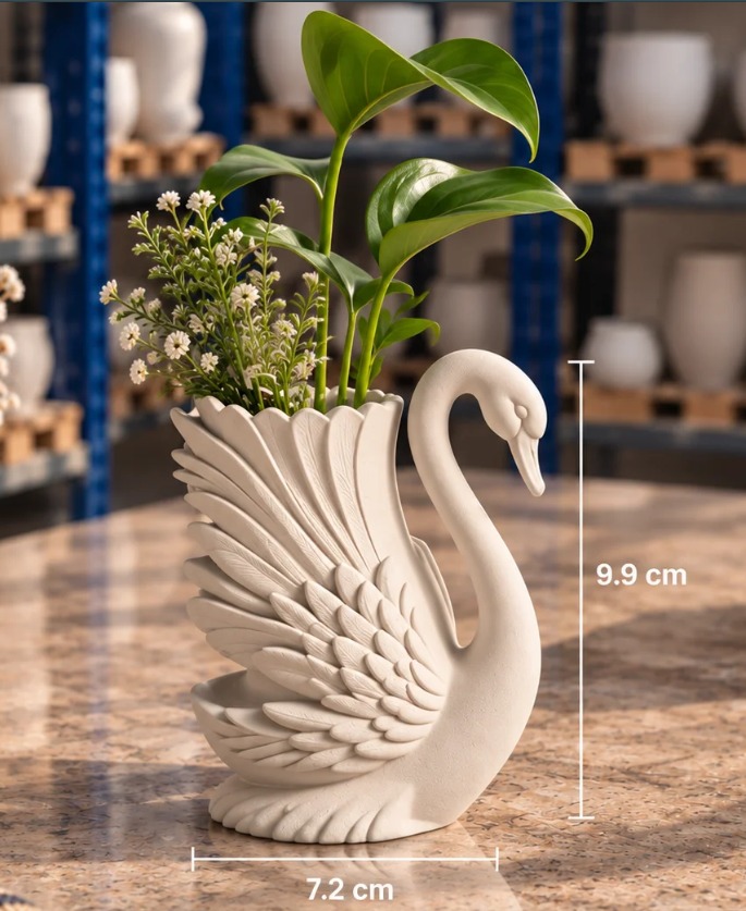 White swan shaped flower pot holding greenery and small flowers