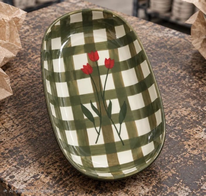 Oval ceramic platter with olive green checks and three red tulips